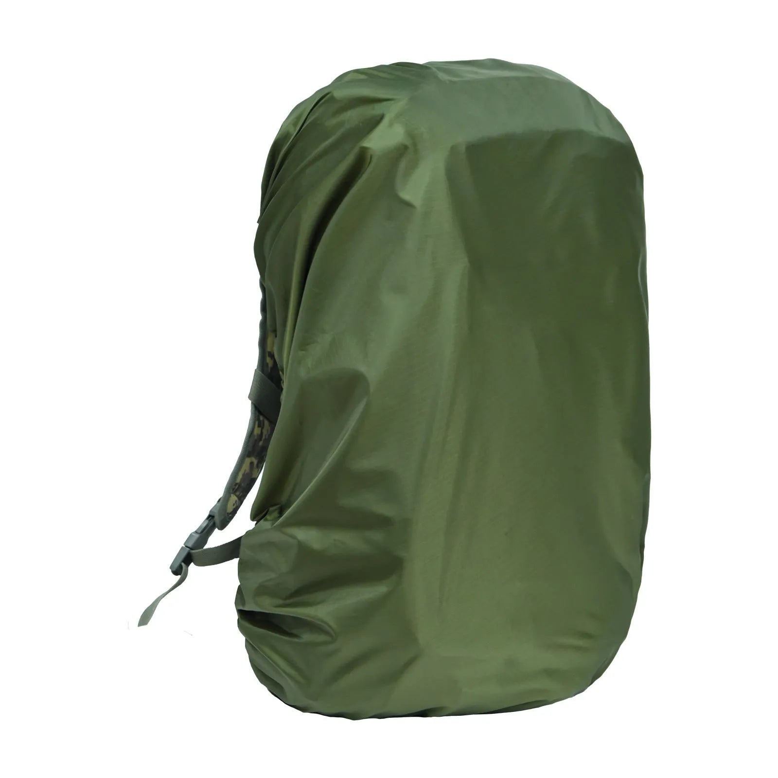 Army green waterproof rain cover fitted over a large 80-litre hiking backpack outdoors.