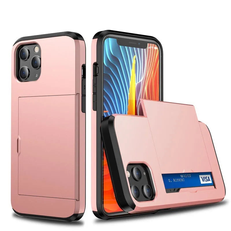 iPhone 13 mobile phone wallet case with sliding card cover in multiple colour options