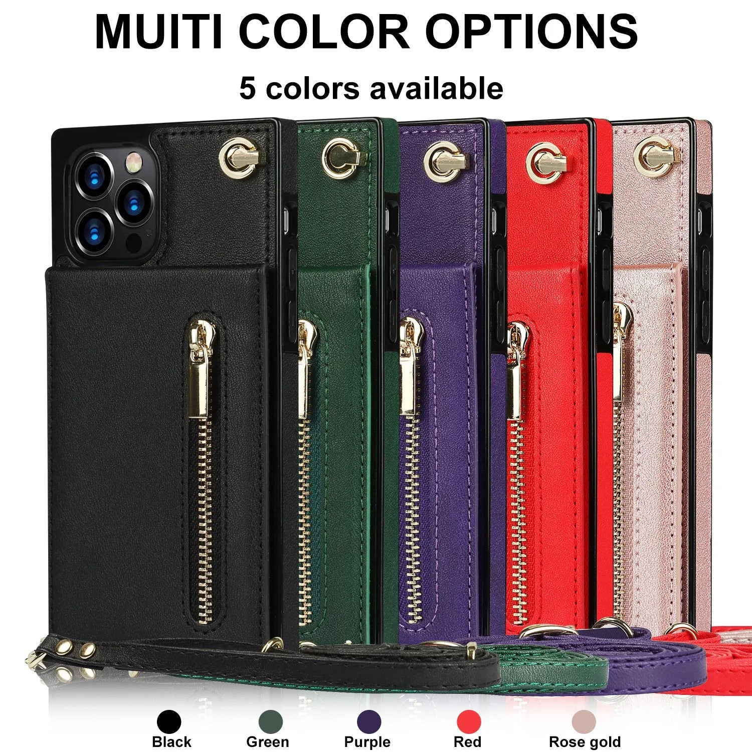 Solid colour leather and TPU mobile phone case in black, purple, green, red, or rose gold for iPhone and Samsung devices