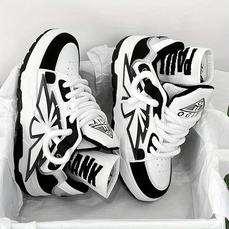 Men's white thick-bottom clunky sneakers with a round toe and lace-up front.