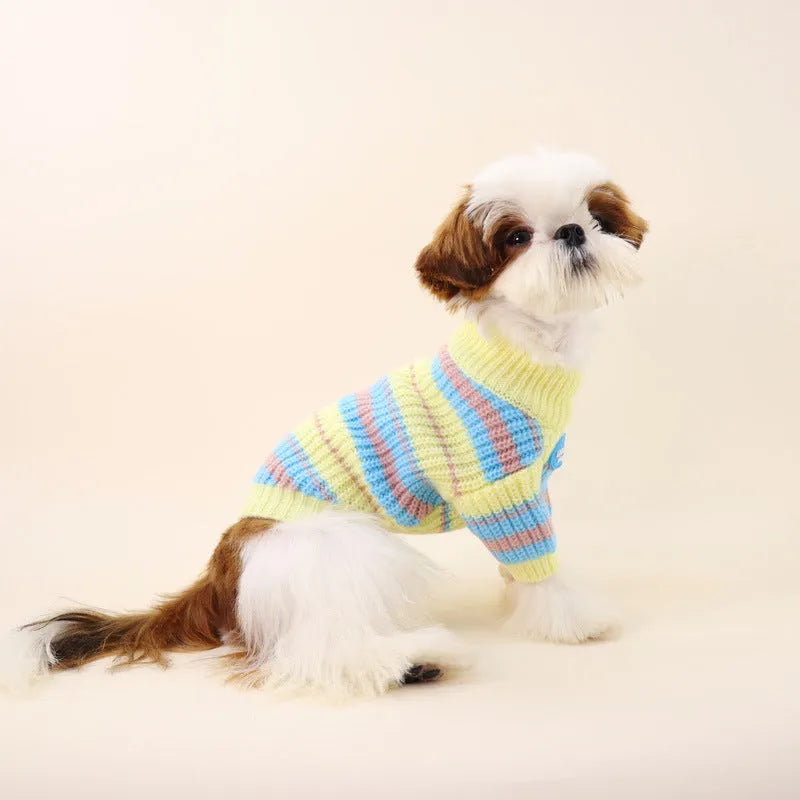 Blue and yellow stripe dog sweater for small breeds in wool material