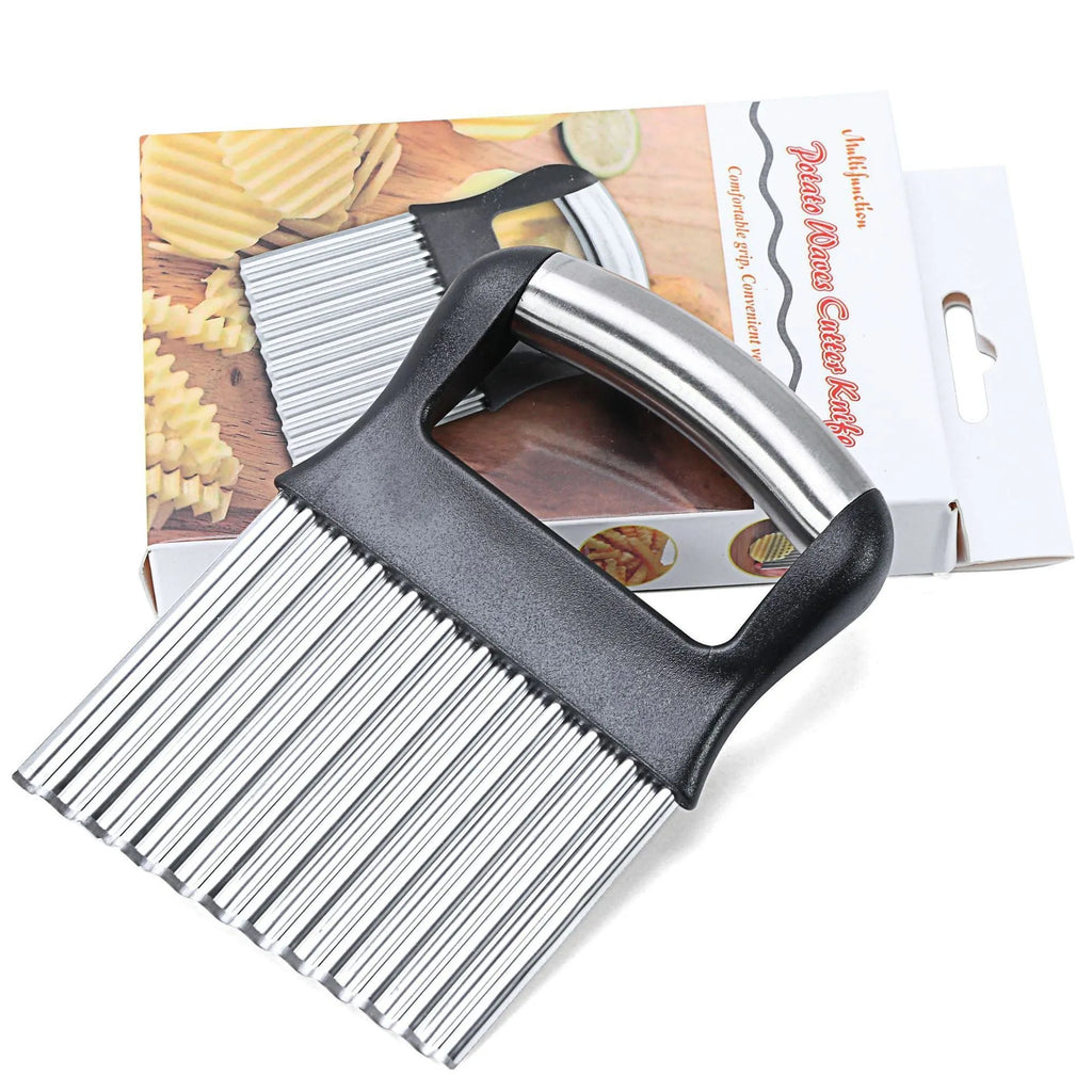 Stainless steel potato wave knife for making crinkle-cut chips and waffle fries.