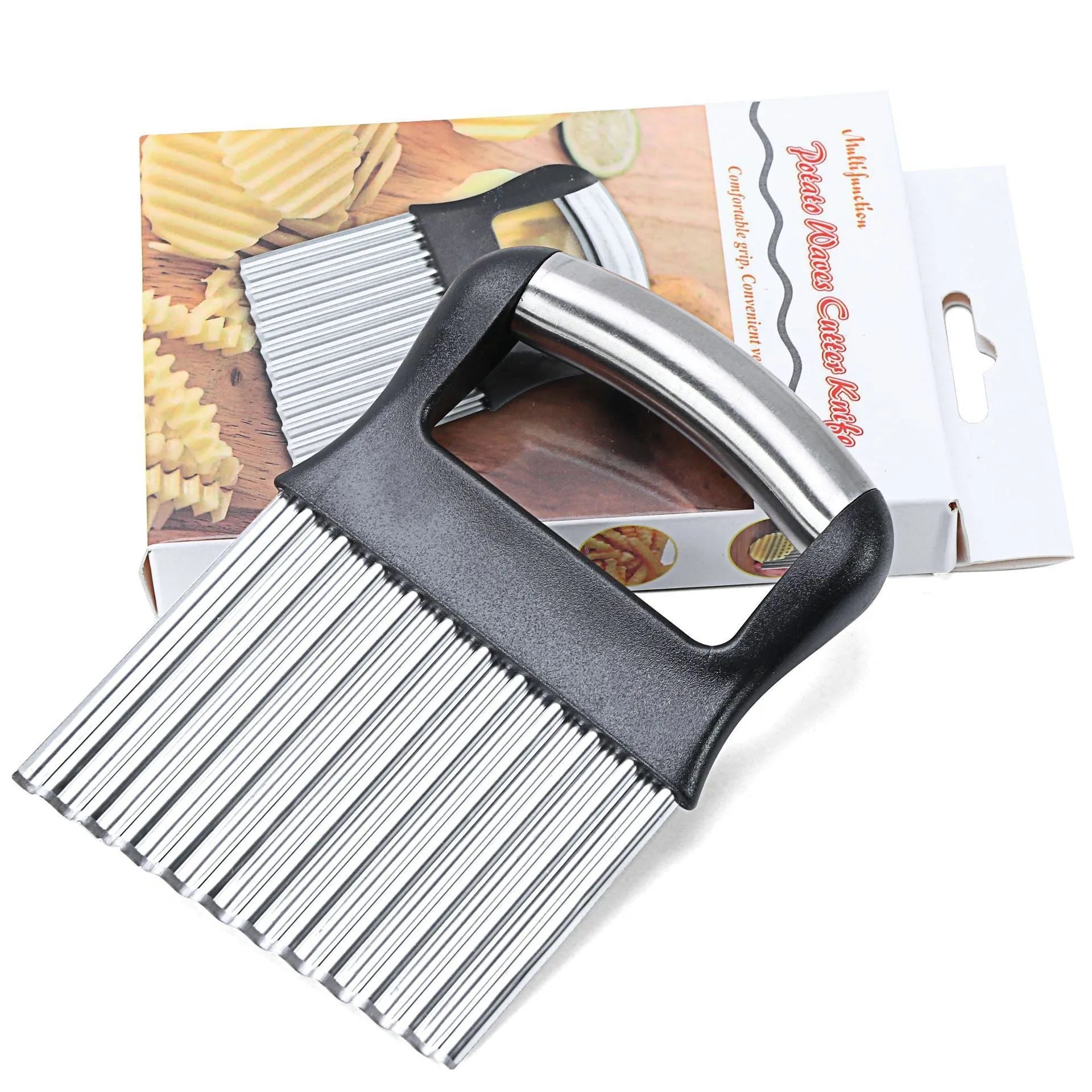 Stainless steel potato wave knife for making crinkle-cut chips and waffle fries.