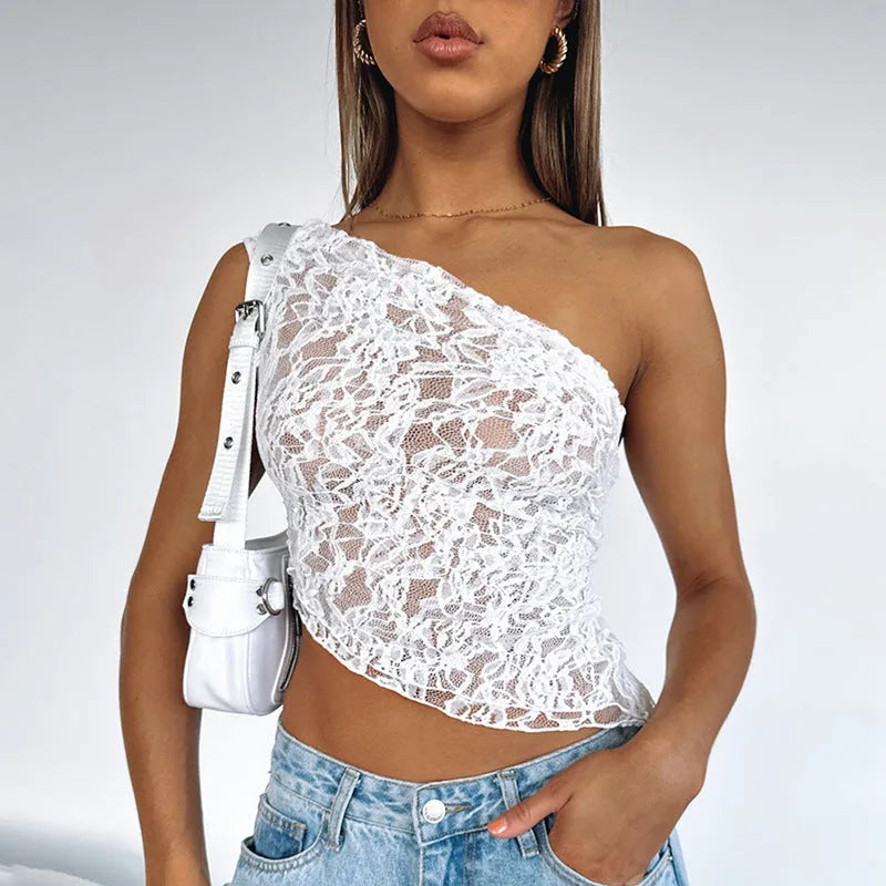 Women's slim fit lace backless sleeveless top with asymmetrical neckline in solid colour