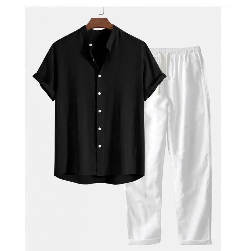 Men's casual linen-look shirt and trouser set in multiple colours with short sleeves and loose fit