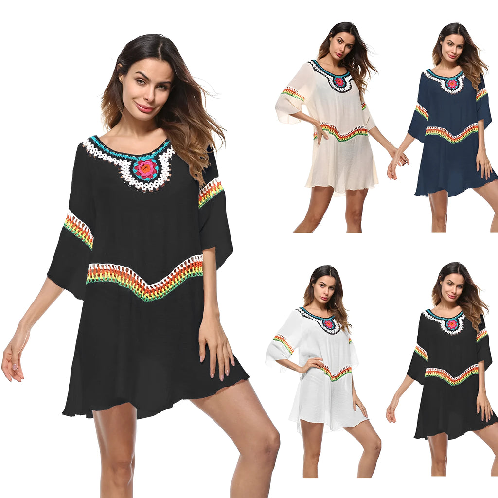 Crocheted ethnic style women's sun protection clothing in apricot colour for beach wear.