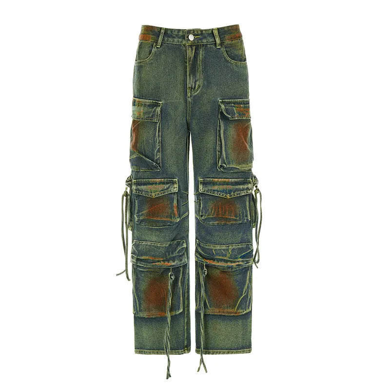 Loose fit cargo denim trousers with multiple gradient colour pockets and street style detailing