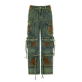 Loose fit cargo denim trousers with multiple gradient colour pockets and street style detailing
