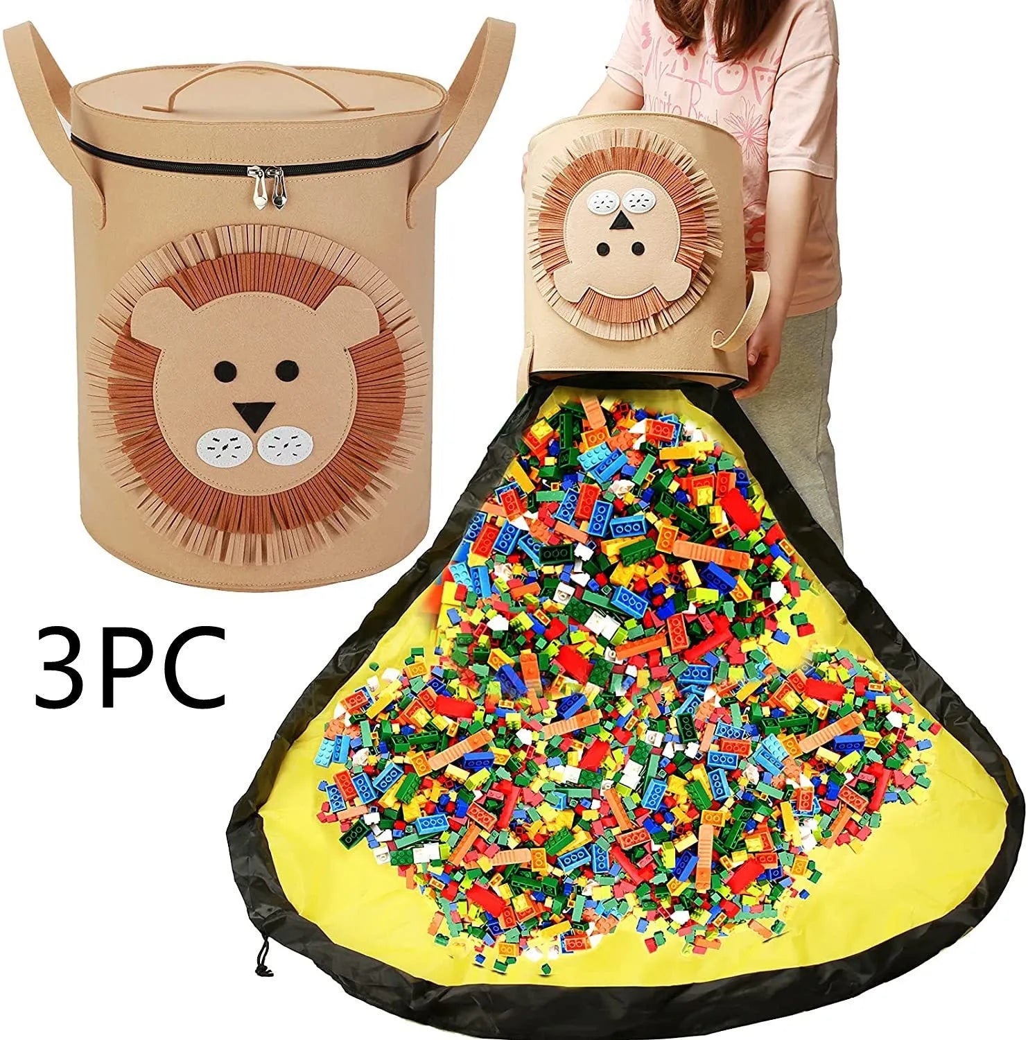 Green felt cube storage bag with pull rope, shown as a toy organiser and play mat.