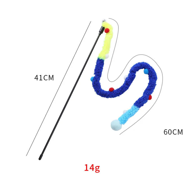 Blue interactive cat wand toy with plush strip, fluffy ball, and bell on a 41cm pole.