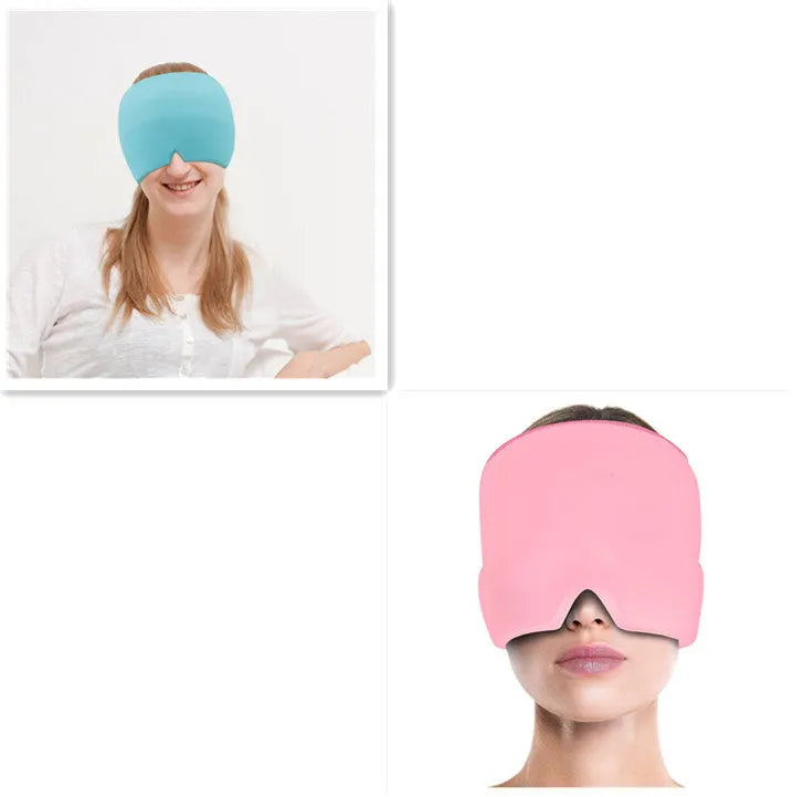 Black reusable gel ice mask for eyes and forehead on a white background