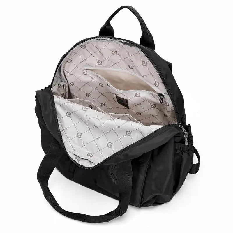 Women's large capacity backpack showing sandwich pocket design and 48cm height dimensions