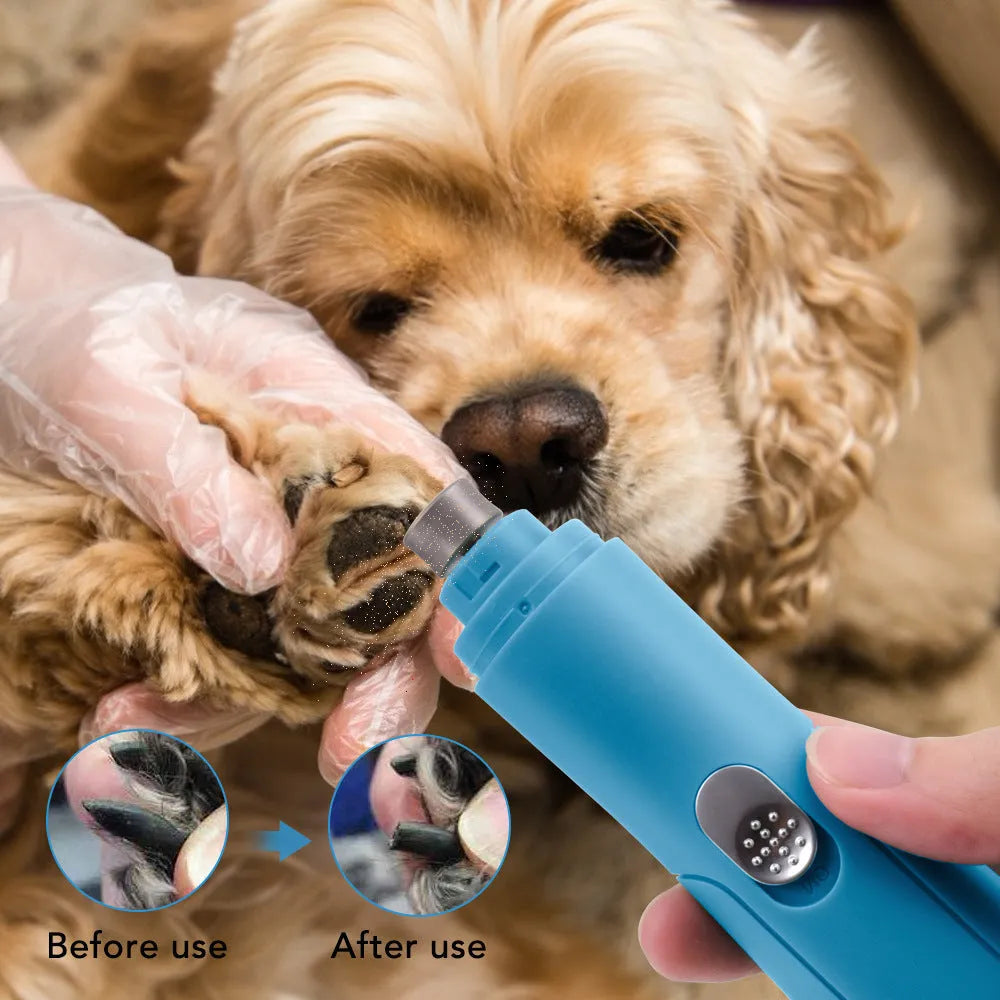 Blue electric pet nail grinder with diamond head on white background, 15.3 cm long