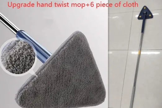 Blue triangle cleaning mop with extendable stainless steel pole and 360-degree rotating head