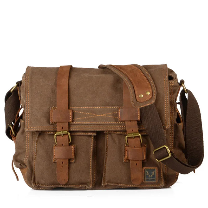 Men's canvas crossbody shoulder bag with cowhide trim in horizontal square shape