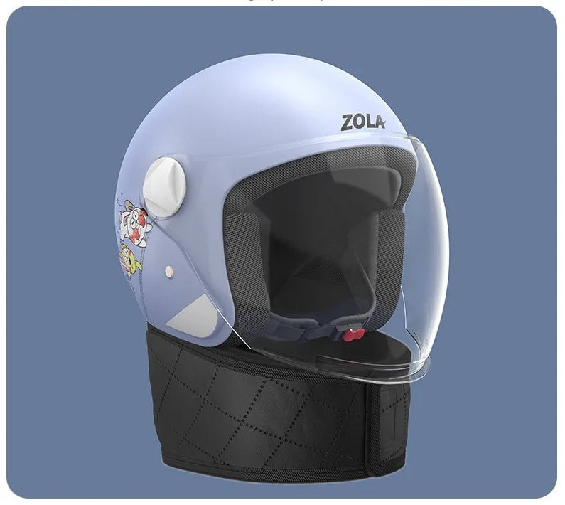 Winter electric bike helmet with anti-fog visor shown in blue colour with attached ear covers.