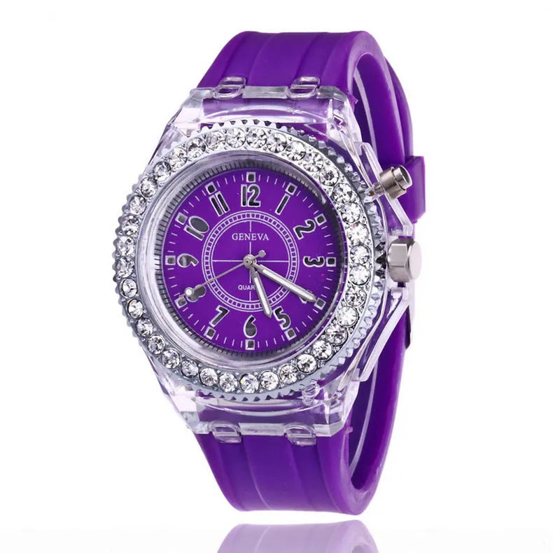 Women's LED luminous quartz watch with round 43mm dial on a silicone strap