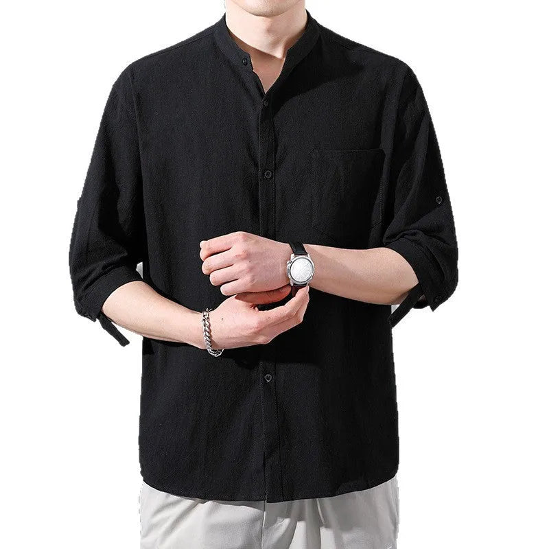 Men's cotton blend short sleeve shirt in loose cardigan style, solid black colour, with three-quarter sleeves