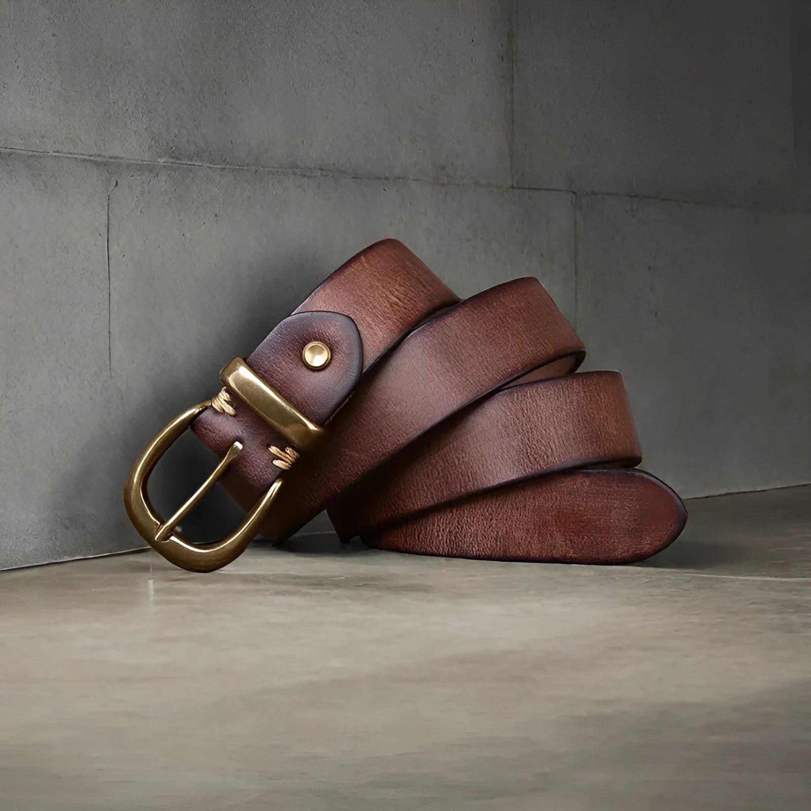 Men's casual cowhide leather belt with copper pin buckle in black, brown, or khaki