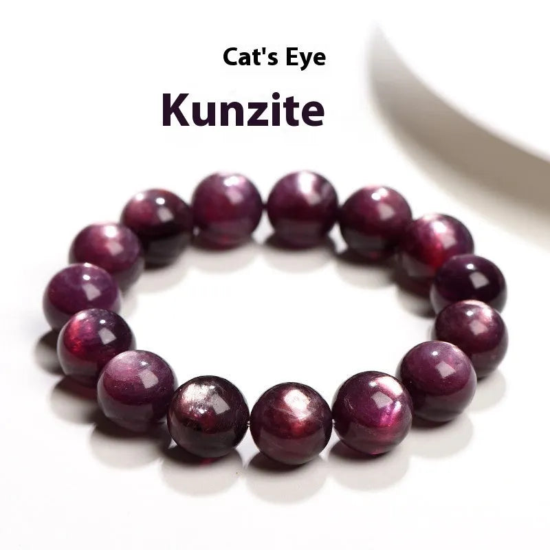 Natural purple lepidolite crystal round beads bracelet with geometric shapes and polished surfaces