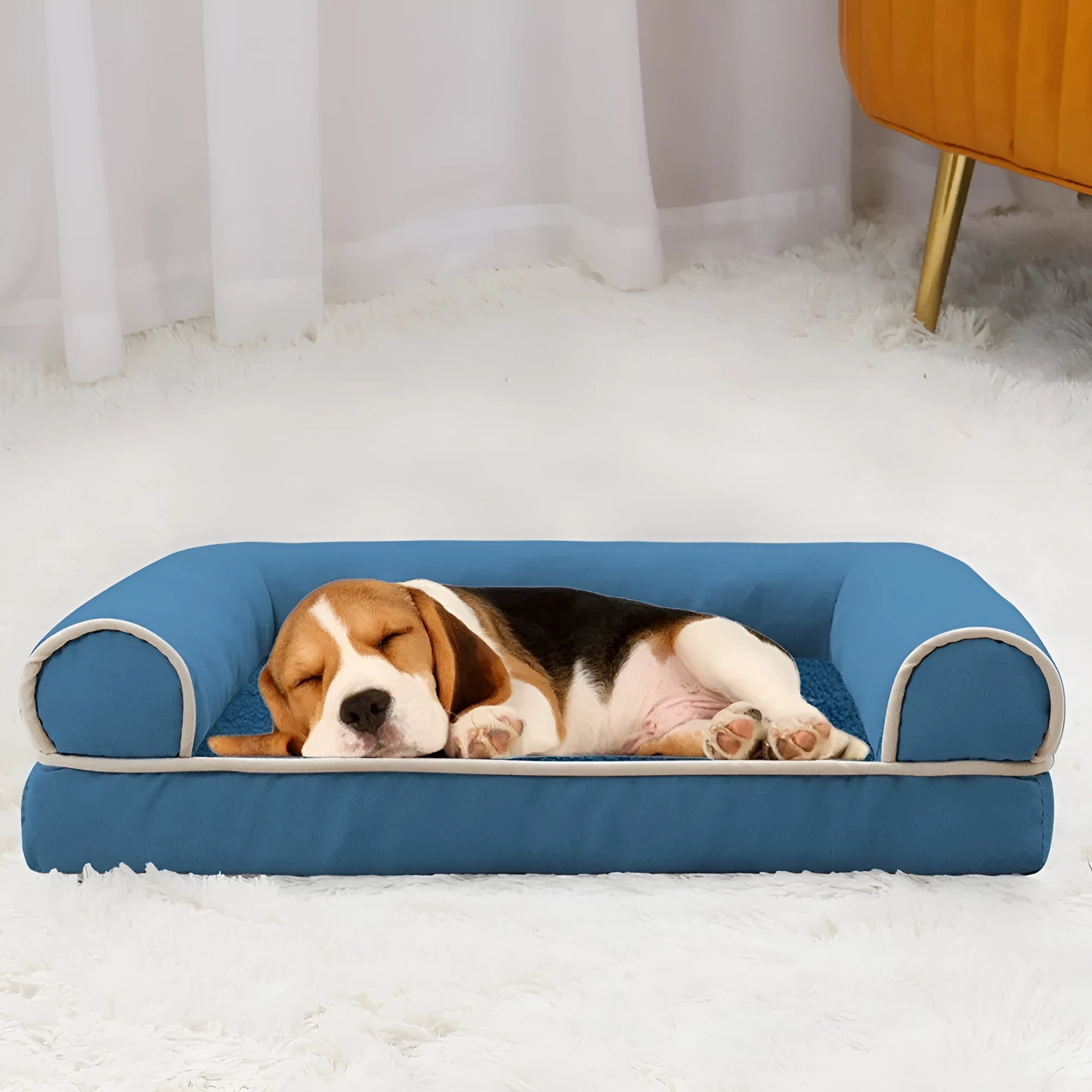 Square sponge dog bed for pets available in dark grey, light grey, khaki, blue, and beige colours.