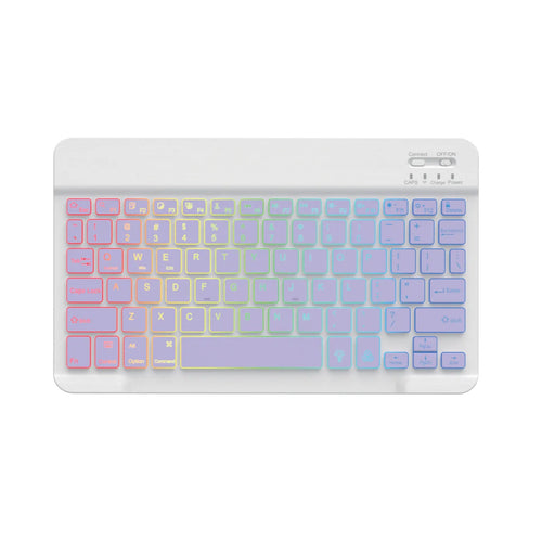 10-inch black Bluetooth keyboard with colourful blue backlighting, shown with a charging cable.