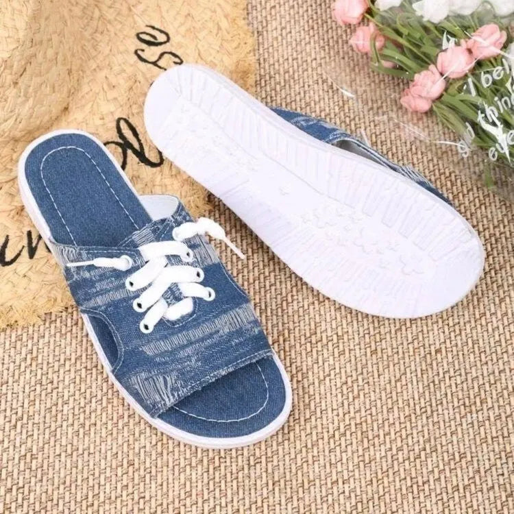 Blue Roman style women's canvas slippers with a cloth upper and rubber sole, shown in size 36-43.