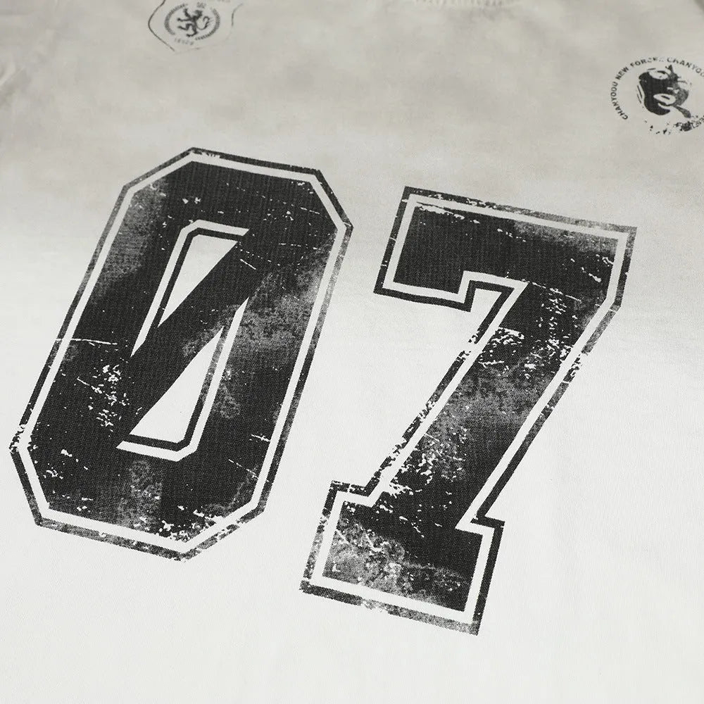 Men's black and white printed short-sleeve cotton T-shirt showing front design.