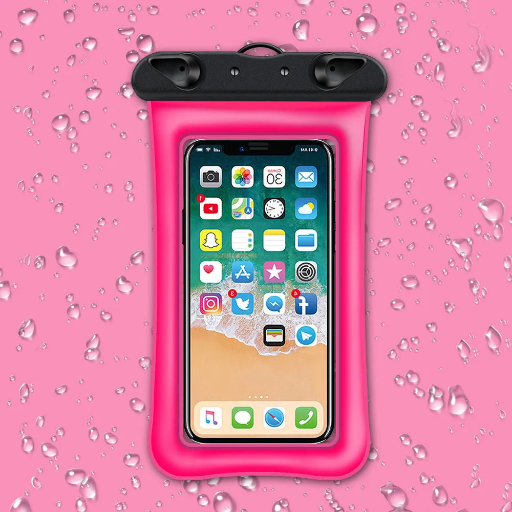 Orange waterproof phone pouch with clear window and black neck rope on a blue background.