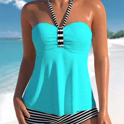 Women's black and white striped off-shoulder swimsuit briefs set