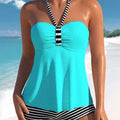 Women's black and white striped off-shoulder swimsuit briefs set
