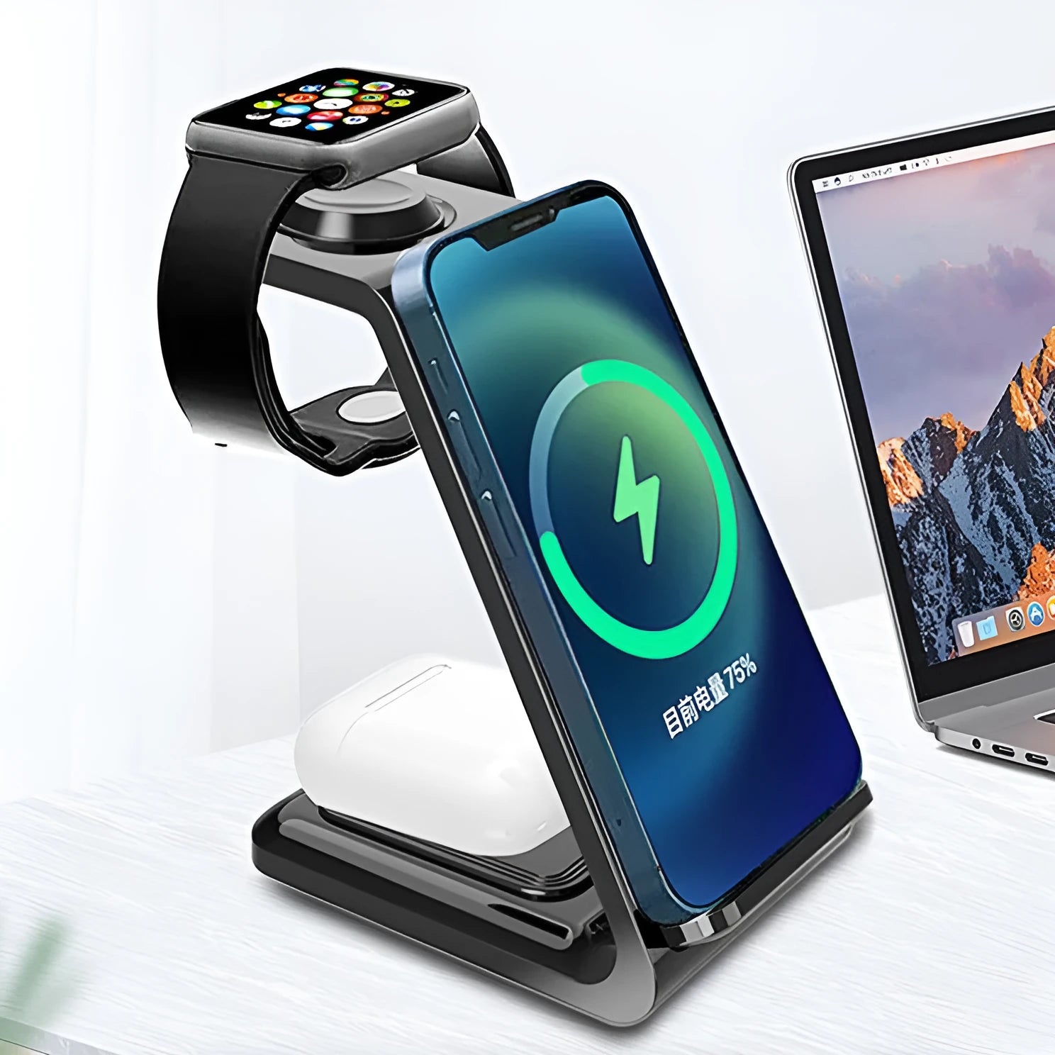 Black upright wireless phone charger with holder displaying mobile phone at angle for charging and viewing