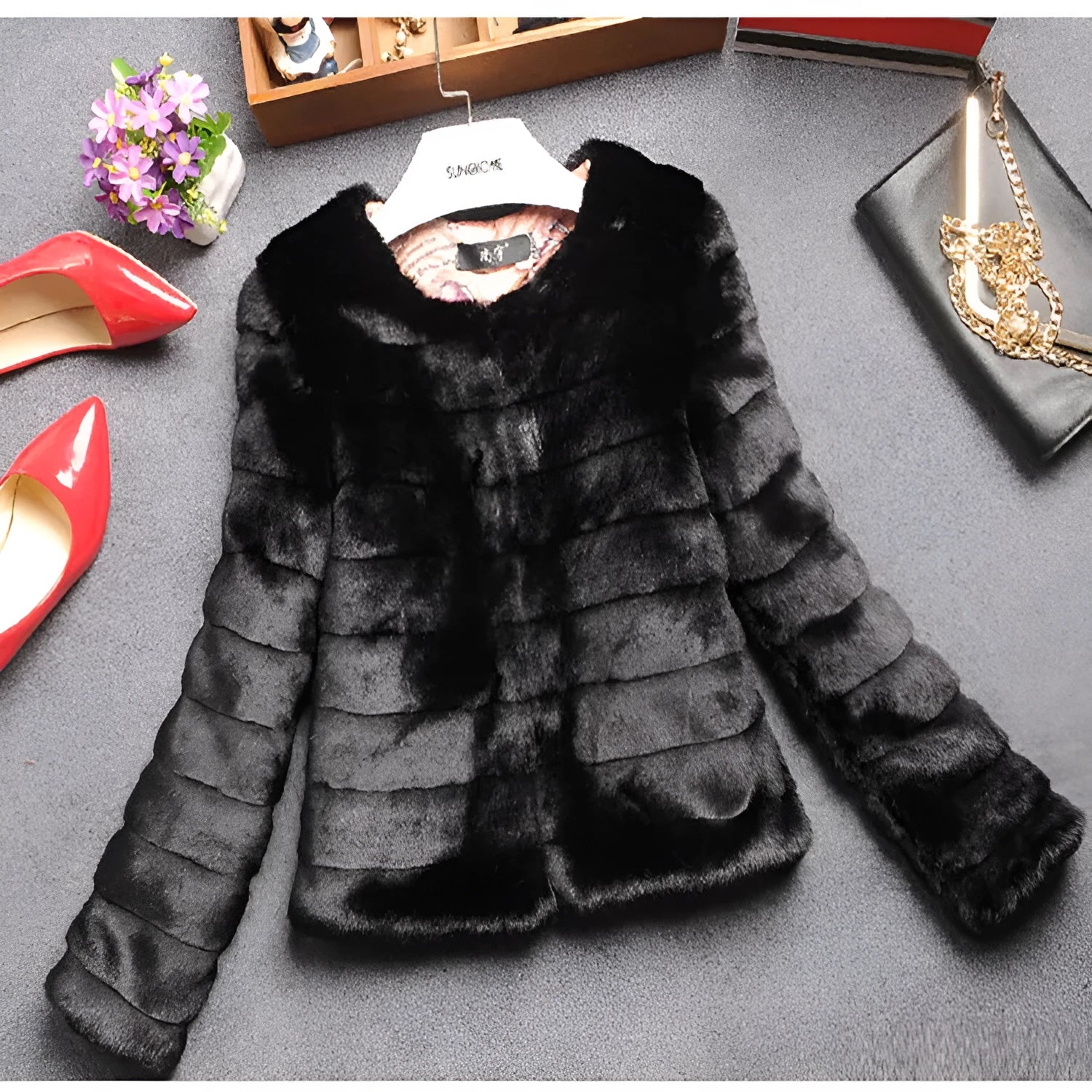 Women's short faux fur top in street fashion style with regular sleeves available in white black and beige sizes S to 9XL