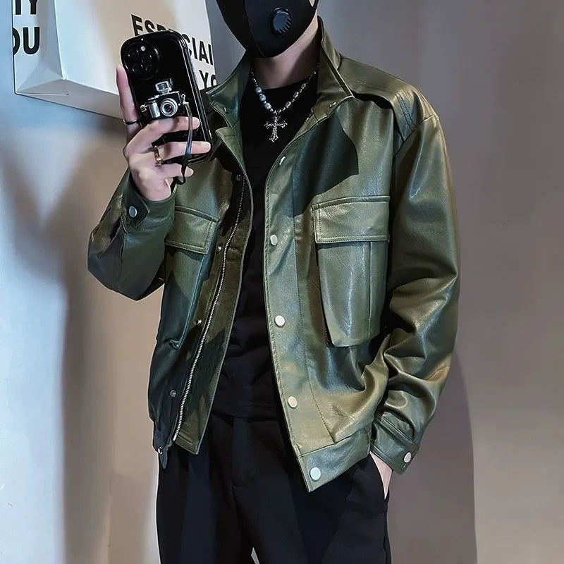 Men's black Korean style pilot leather jacket with side seam pockets on a hanger.