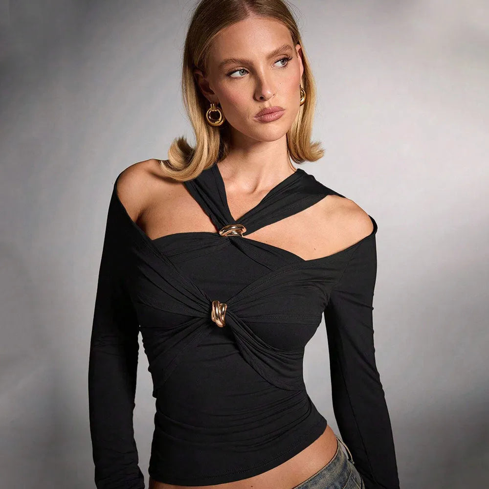 Black women's halter top with shoulder-baring neckline, slim fit, and long sleeves