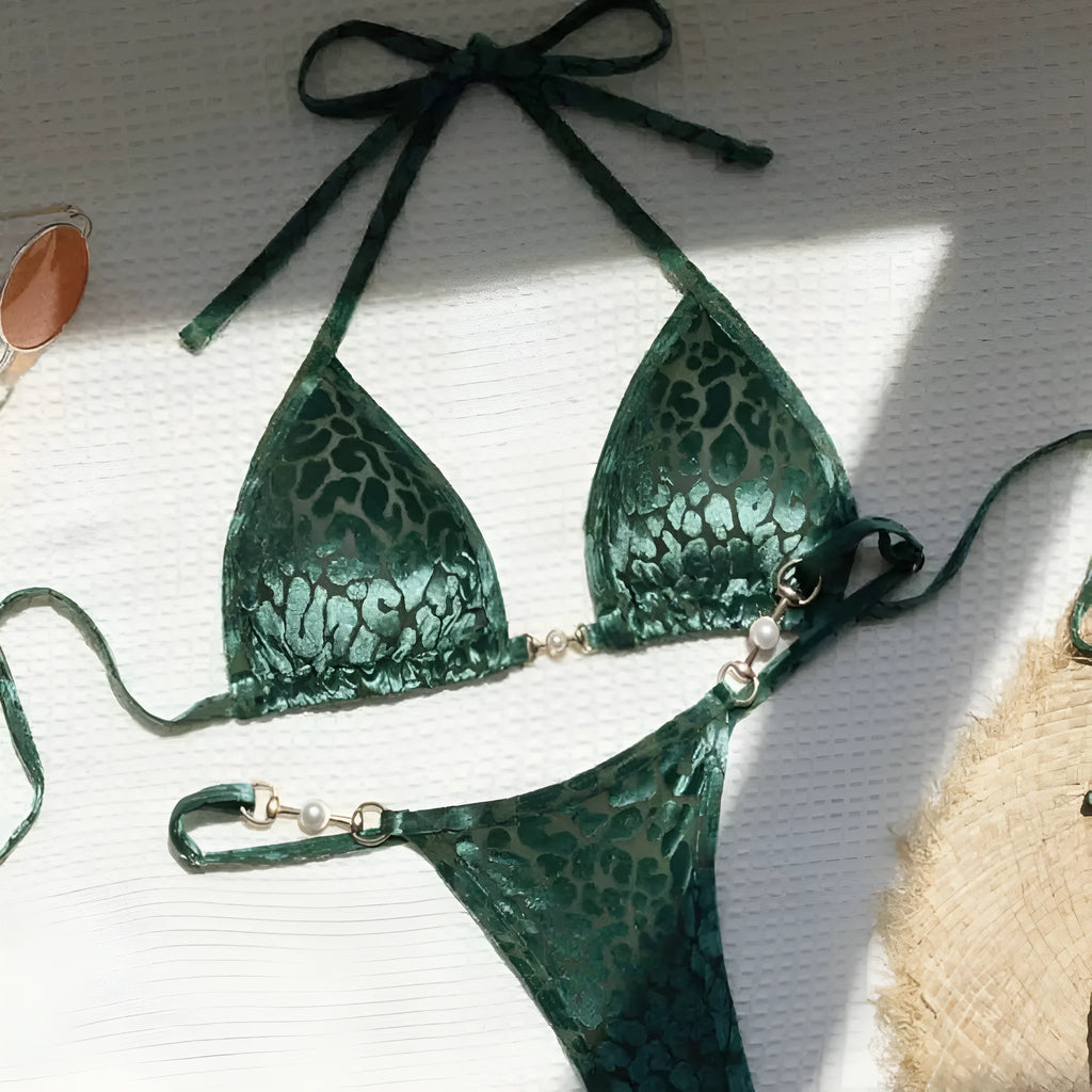 Women's leopard print bikini set with T-back design in multiple colour variations