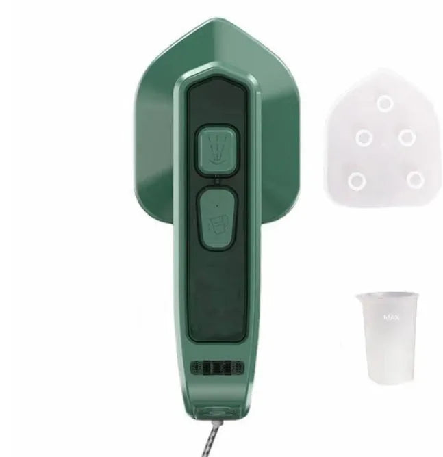 Dark green portable hanging ironing machine with ceramic panel and worldwide voltage adjustment
