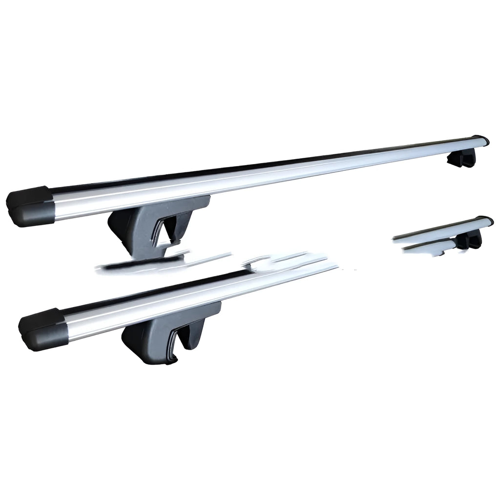 Two silver alloy roof rack crossbars for a GM SUV, shown with adjustable length between 120cm and 135cm.