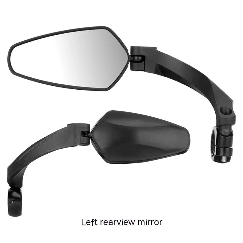 Black acrylic bicycle rearview mirror for mountain bikes, showing rotatable head and approximate 210mm by 102.5mm size.