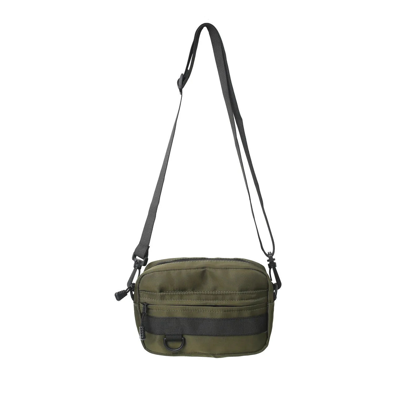 Men's nylon messenger bag with crossbody strap in street trend style showing sewing thread detailing