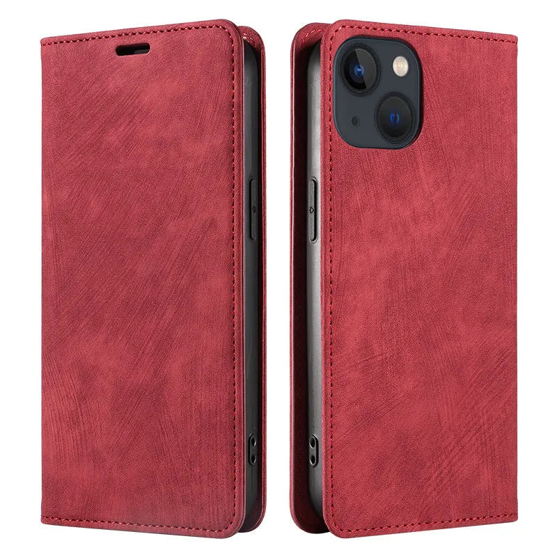 Magnetic leather and TPU flip phone case for iPhone shown in black, blue, and brown colours.
