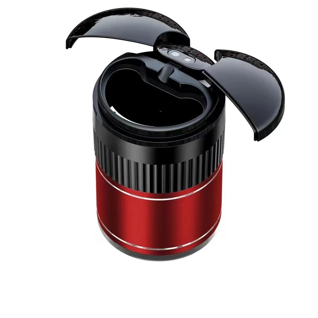 Metal smart car ashtray with automatic lid in black, showing compact 113mm x 72mm size.