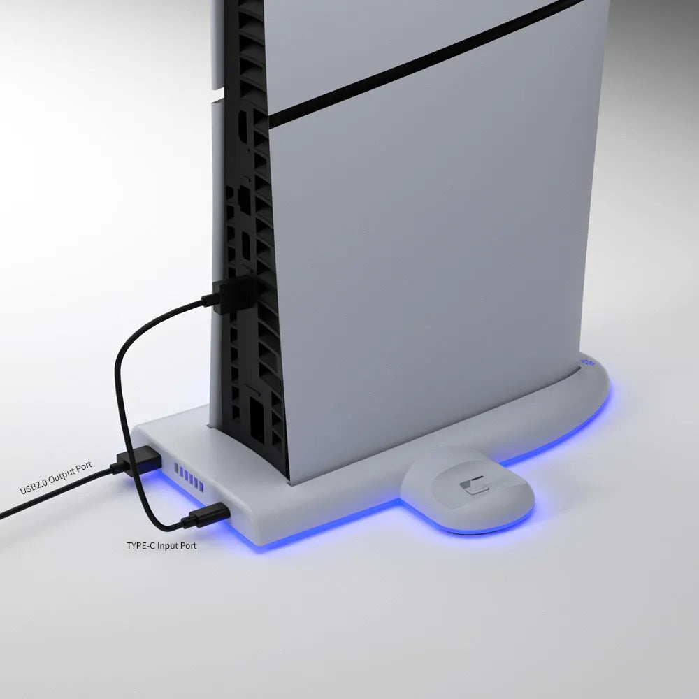 White PS5 Slim multi-function cooler pad fan base with RGB light and USB charging interface