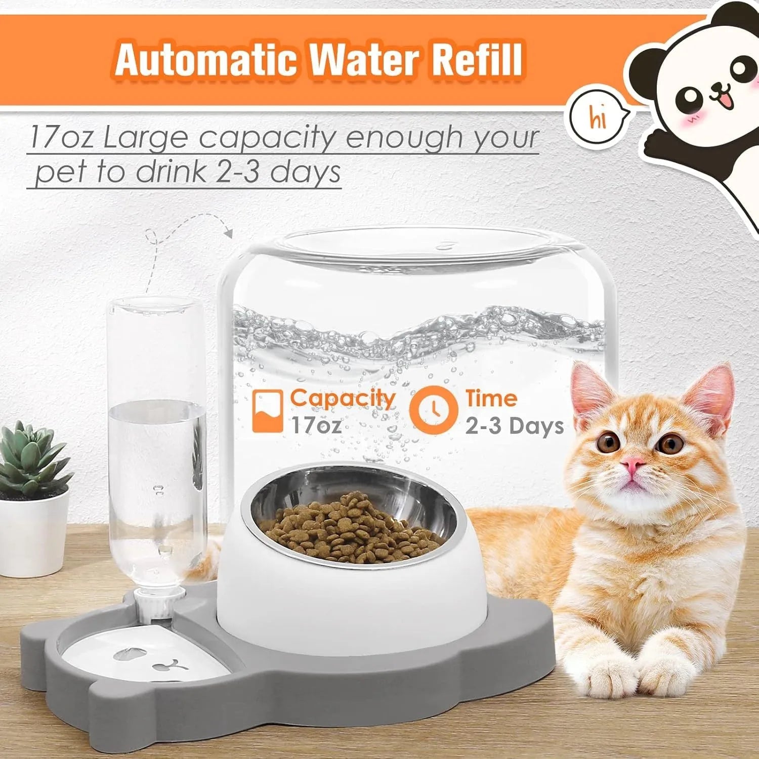 Panda-shaped pet feeder with tilted raised bowls and automatic water dispenser bottle