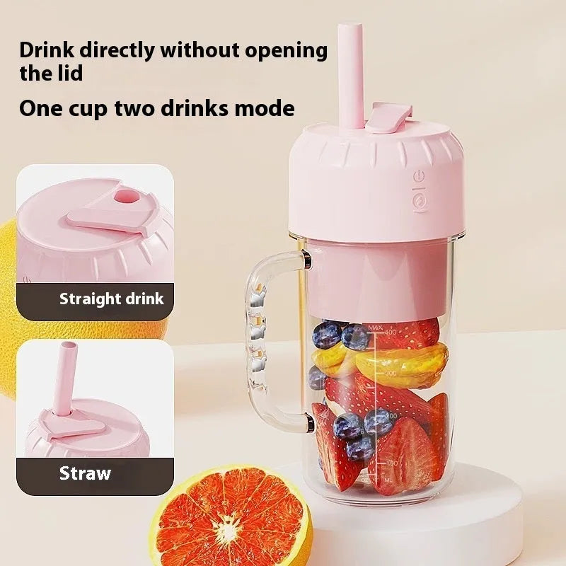 USB-powered portable personal juicer in cherry blossom pink or avocado green with selectable blade options