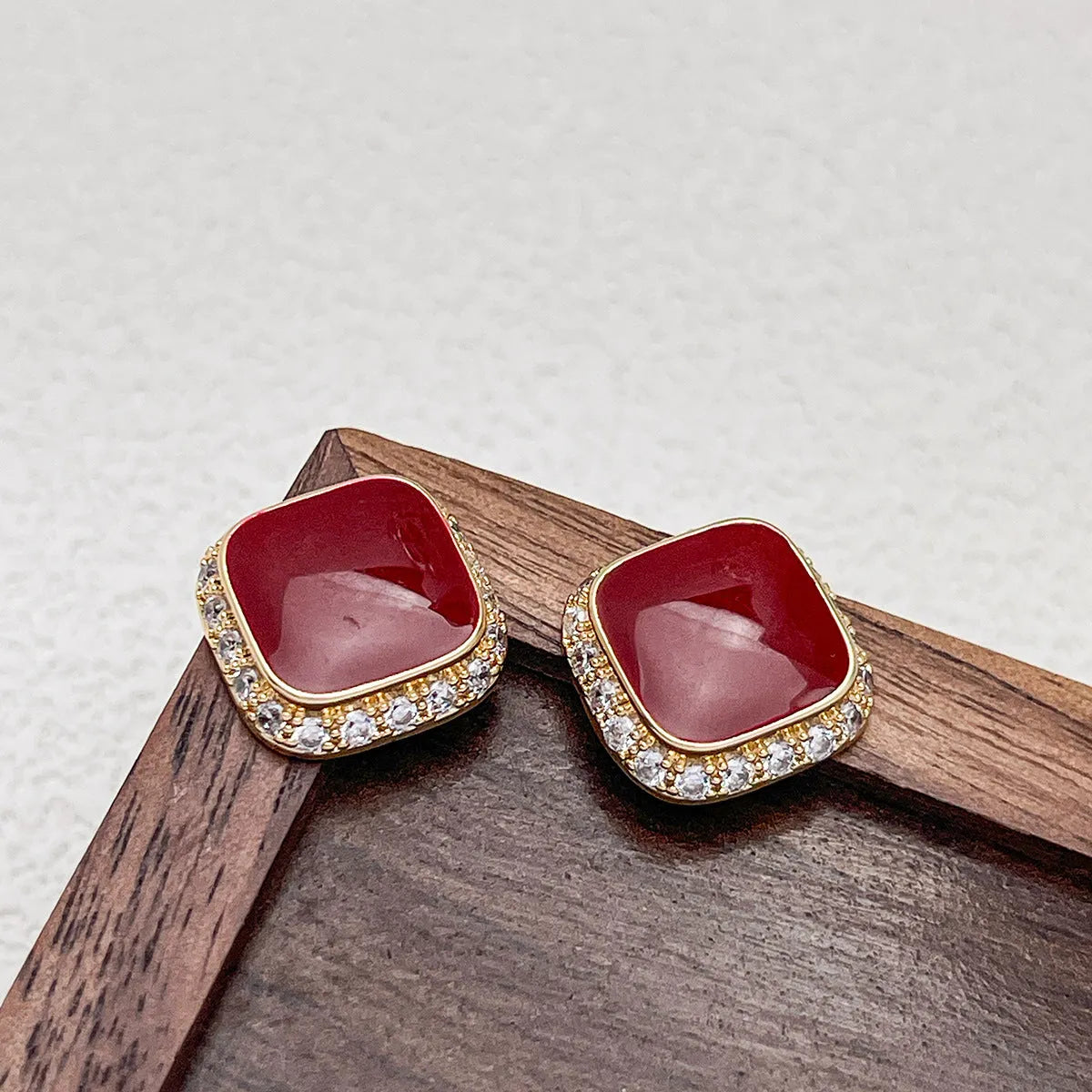 Red square alloy earrings with geometric design and inlaid detailing for women