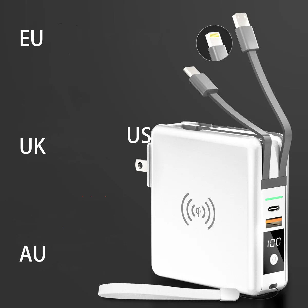 Black and white QI wireless charging power bank with PD20W fast charging and international travel plugs