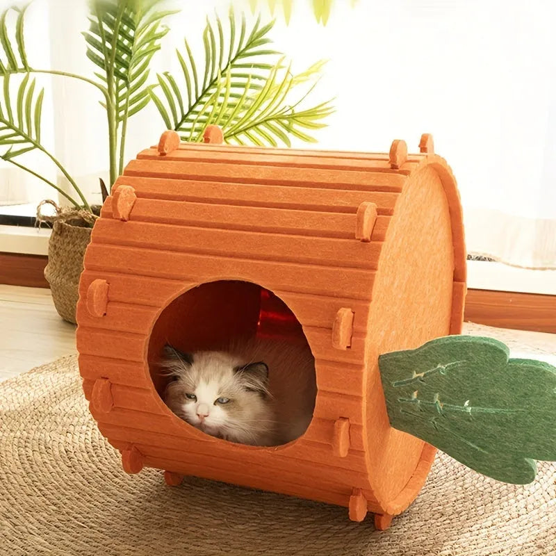 Beige felt cat tunnel nest with a semi-enclosed design and round entry hole, shown next to a measuring tape indicating its size.