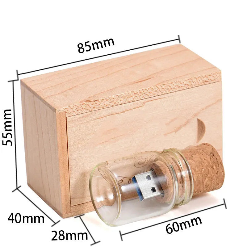 Personalised wooden USB flash drive in drift bottle storage disk shape with chocolate wood finish
