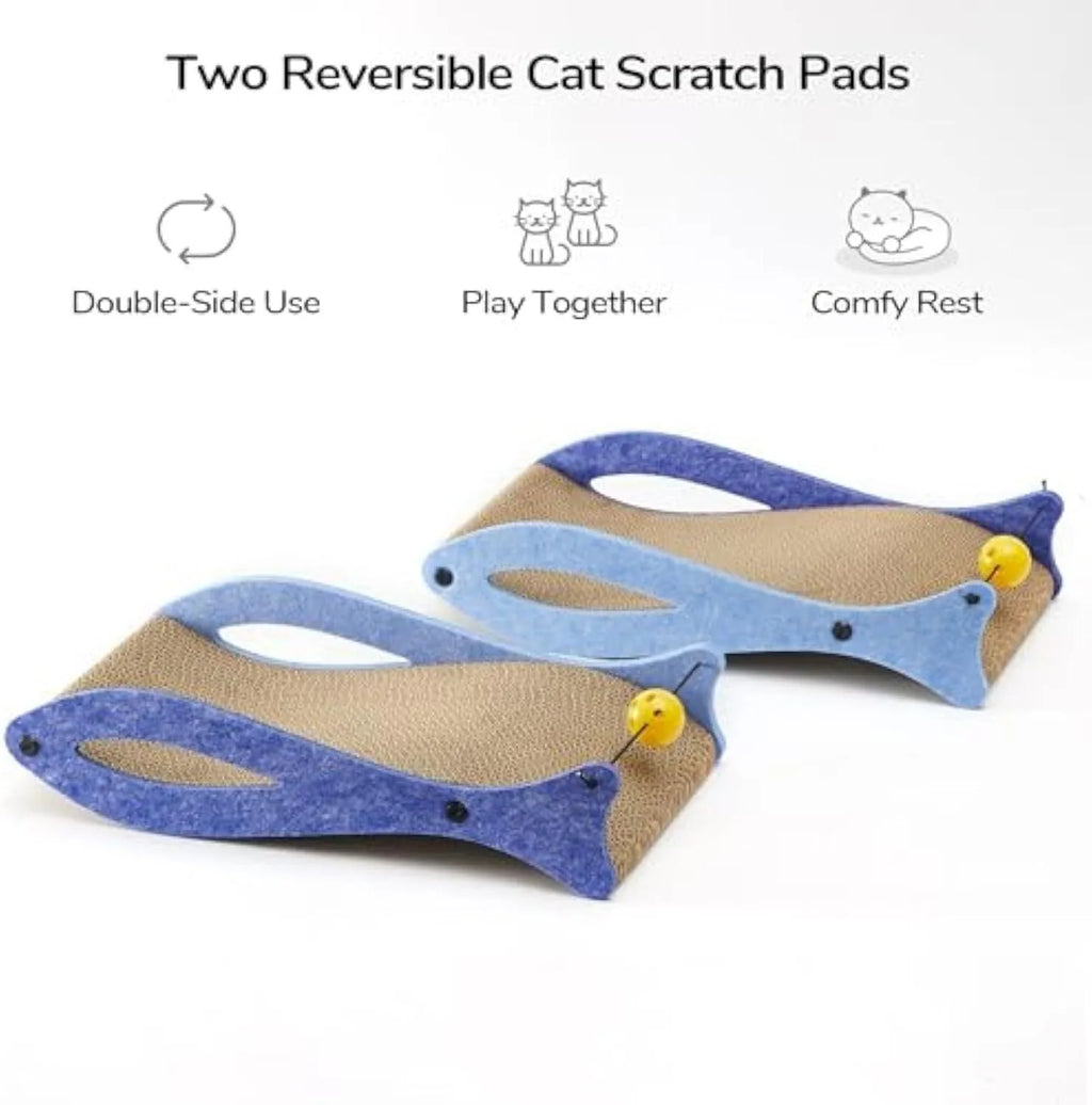 Blue fish-shaped cardboard cat scratcher with bell ball toys on elastic cord